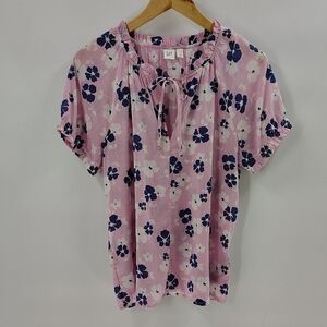 GAP Blouse Size Medium Pink Blue Floral Print Semi Sheer V Neck With Tie Front